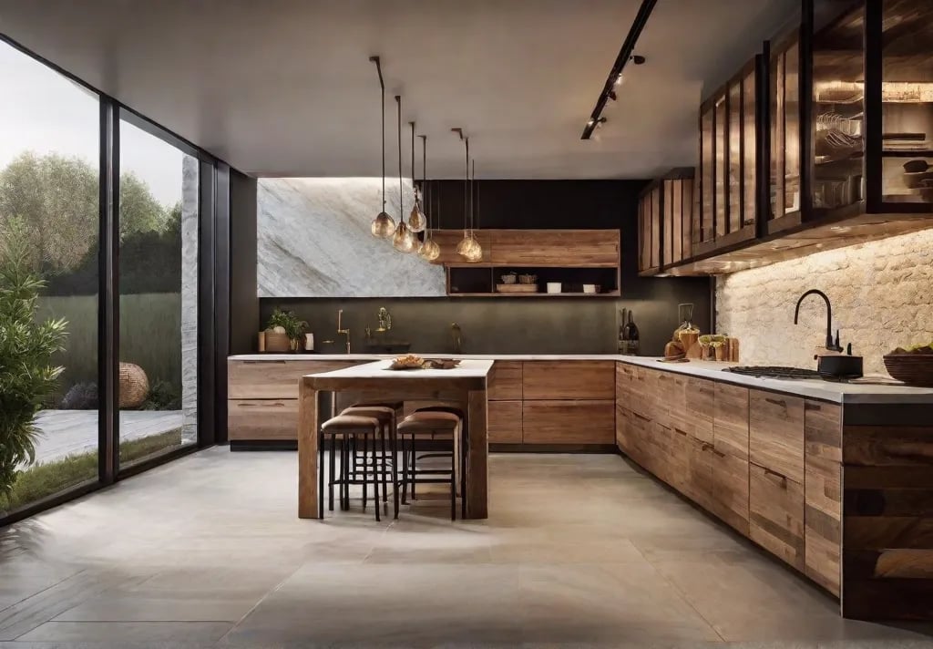 An atmospheric shot of a rustic kitchen at dusk with soft lighting