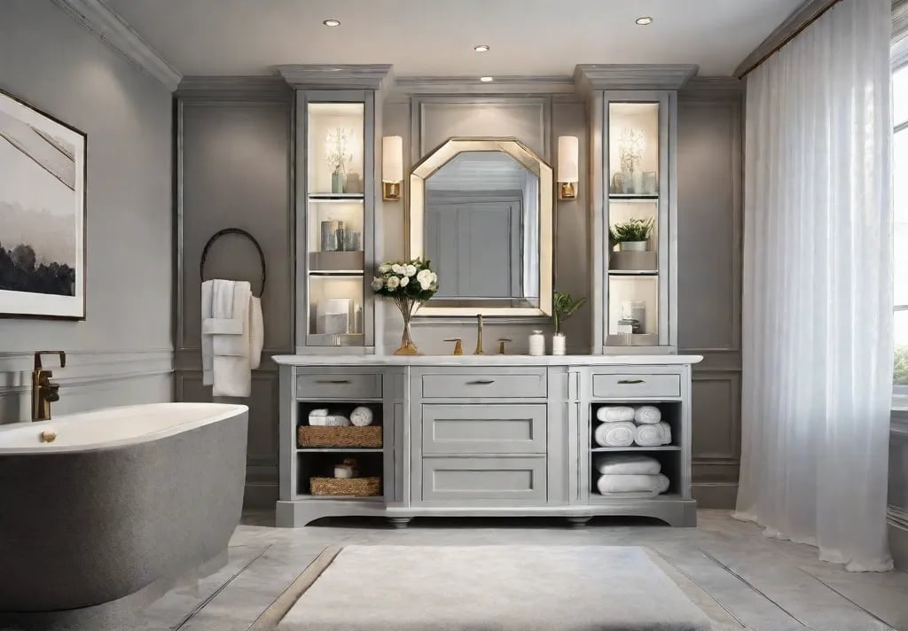 **An elegant bathroom featuring a dual purpose sink skirt