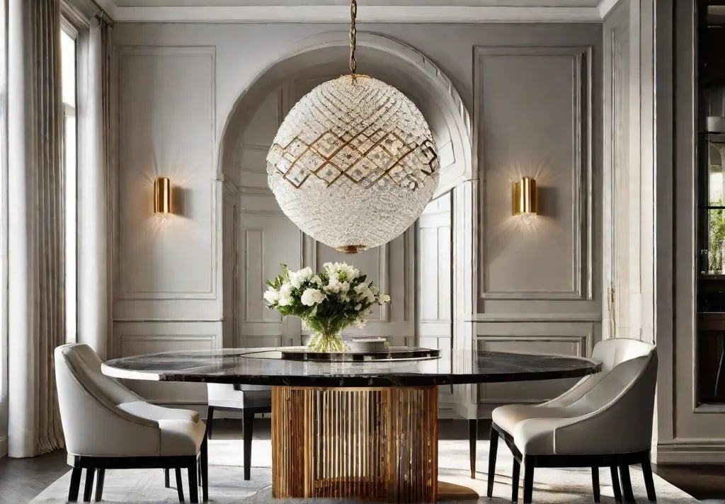 An elegant dining area within a kitchen where a large geometric chandelier