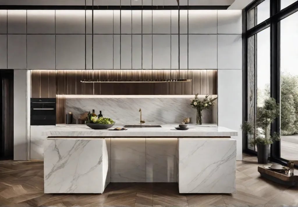 An elegant kitchen with avant garde hidden cabinets seamlessly integrated into the walls