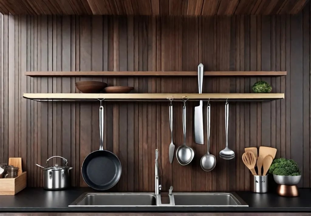 An elegantly designed magnetic knife strip mounted on a sleek dark wood