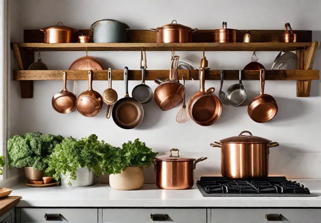 An old wooden ladder hung horizontally above a kitchen island adorned with