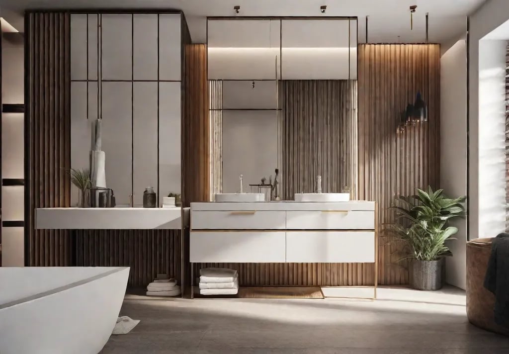 An open bathroom vanity revealing a hidden toe kick drawer