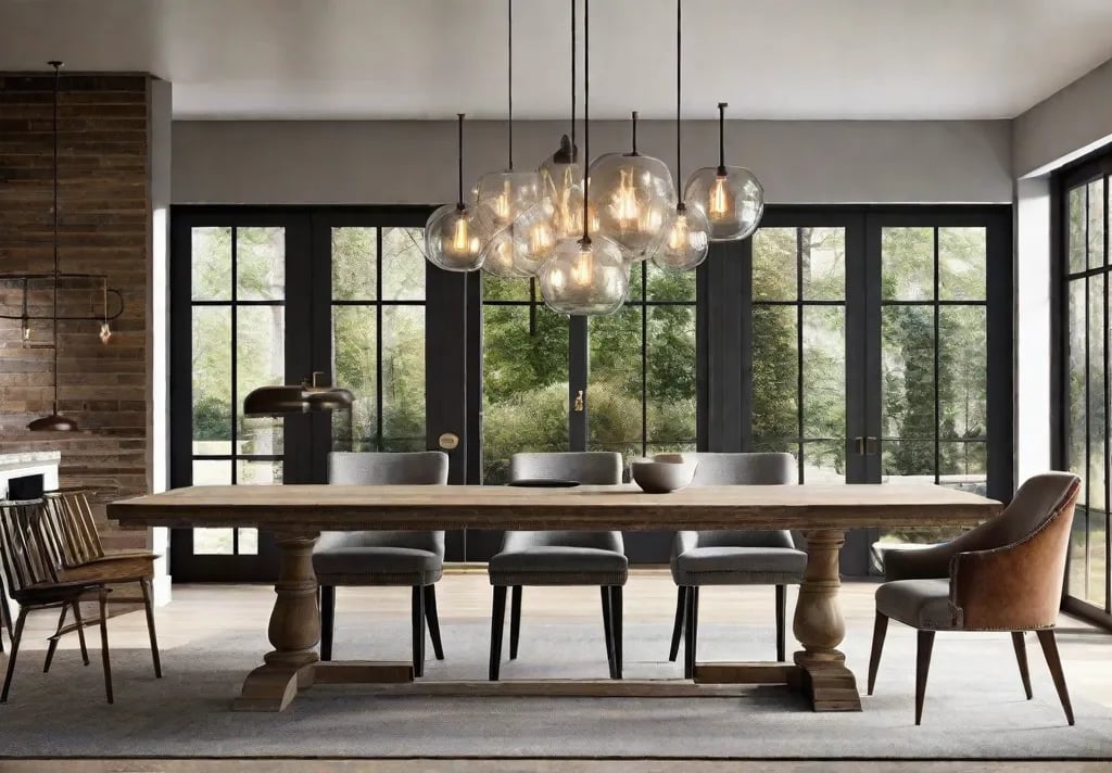 An openconcept kitchen with an oversized industrial light fixture serving as the