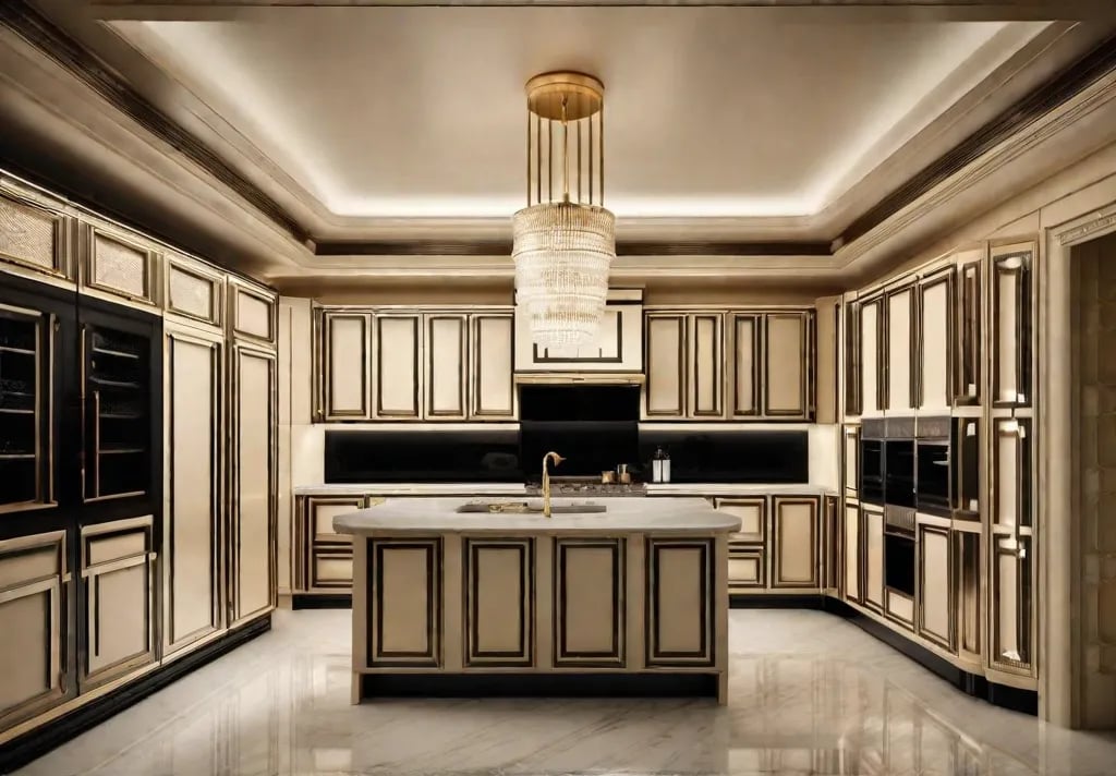 An opulent Art Deco kitchen featuring a flush mount ceiling fixture its