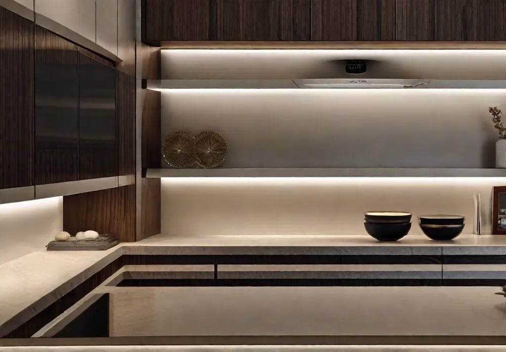 An under cabinet view showing the installation of LED strip lights