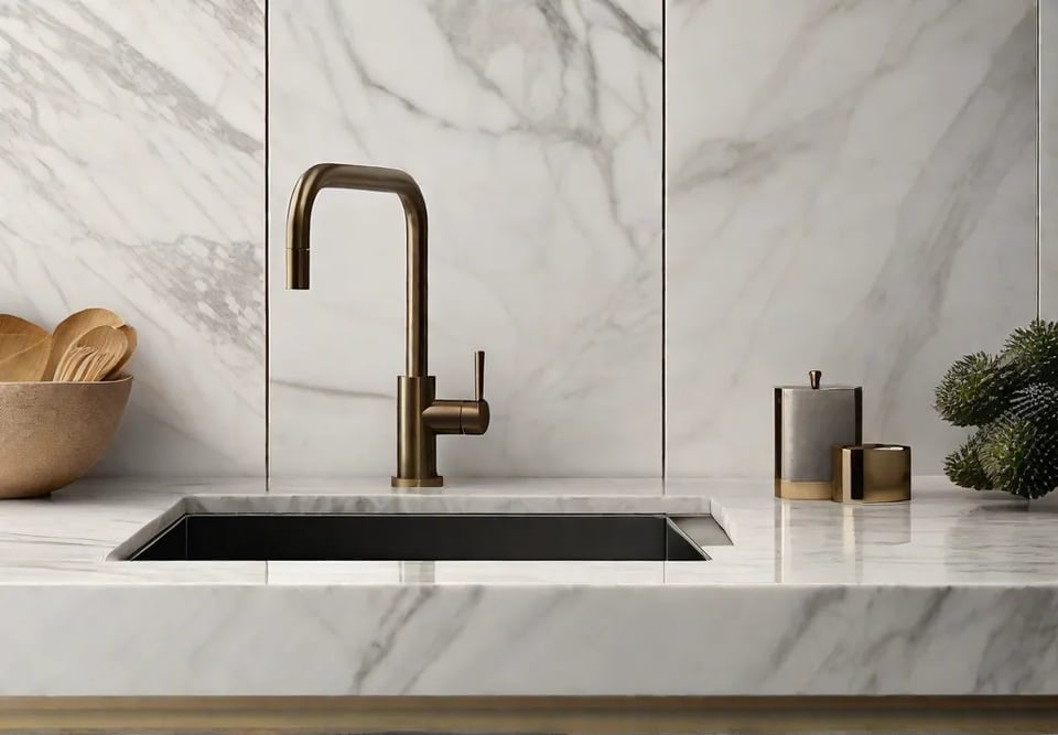 An upclose shot of luxurious marble countertops focusing on the intricate veining