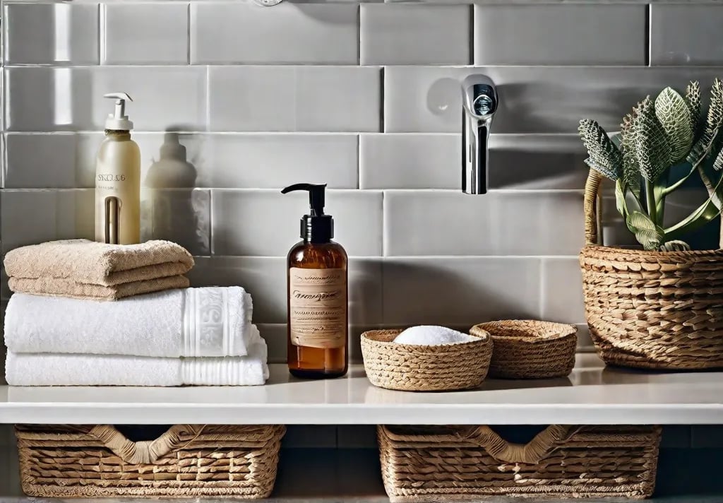 Baskets labeled with contents under a bathroom sink