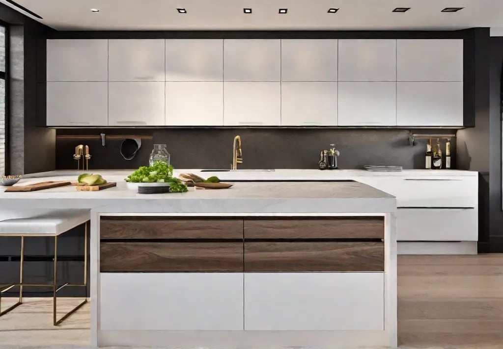 Before and after photos showcasing a kitchen transformation from cluttered and outdated to a minimalist space with innovative storage solutions like toe kick drawers and pull out cabinets