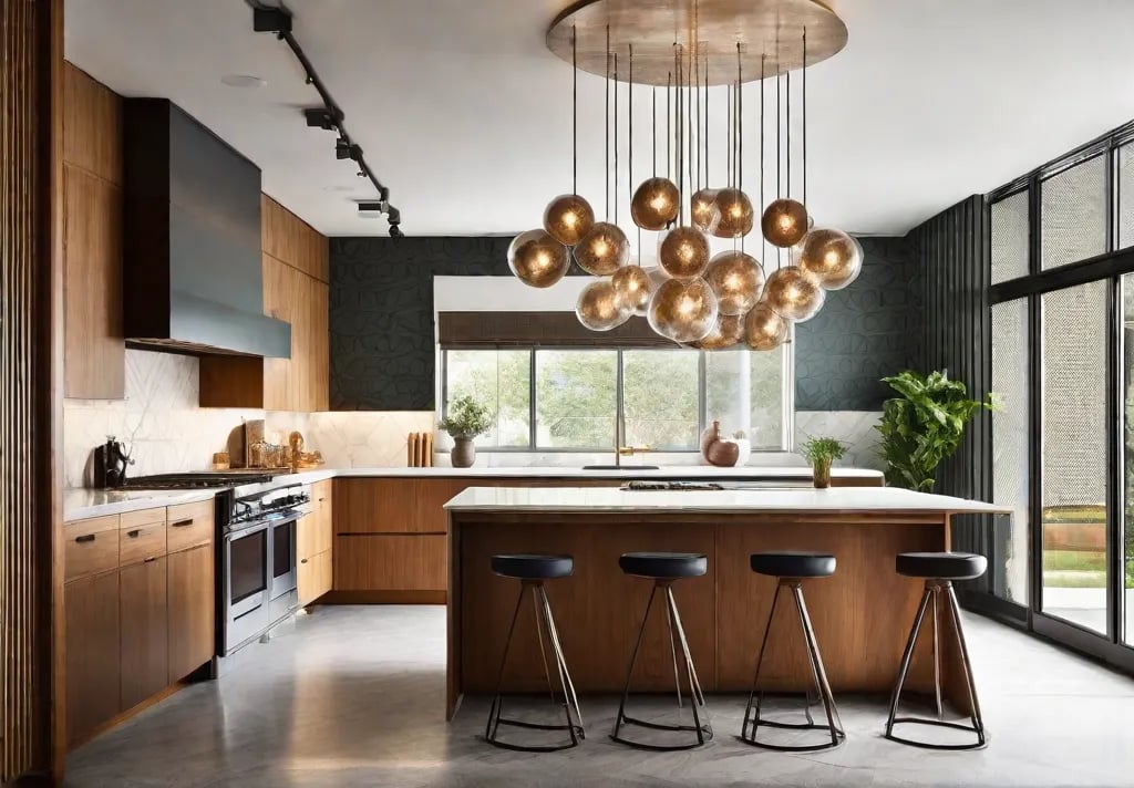 Capture an image of a sleek Sputnik chandelier hanging prominently over a