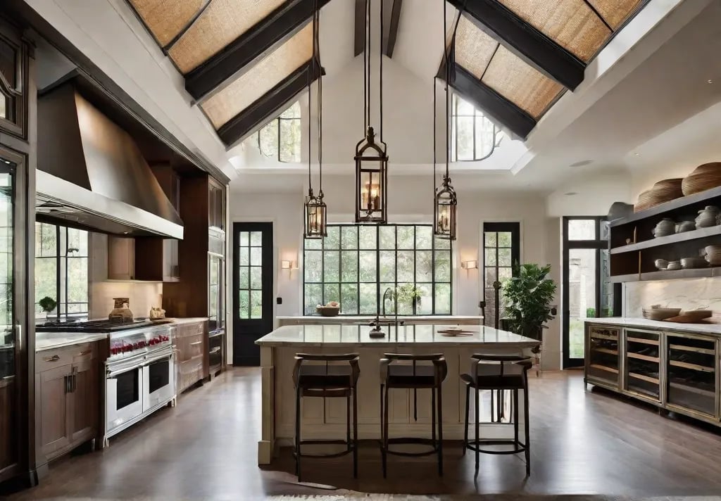 Charming vintageinspired lanterns hanging from a high ceiling in a spacious kitchen