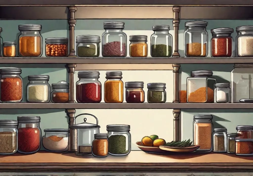 Close up of elegant open shelving in a farmhouse kitchen