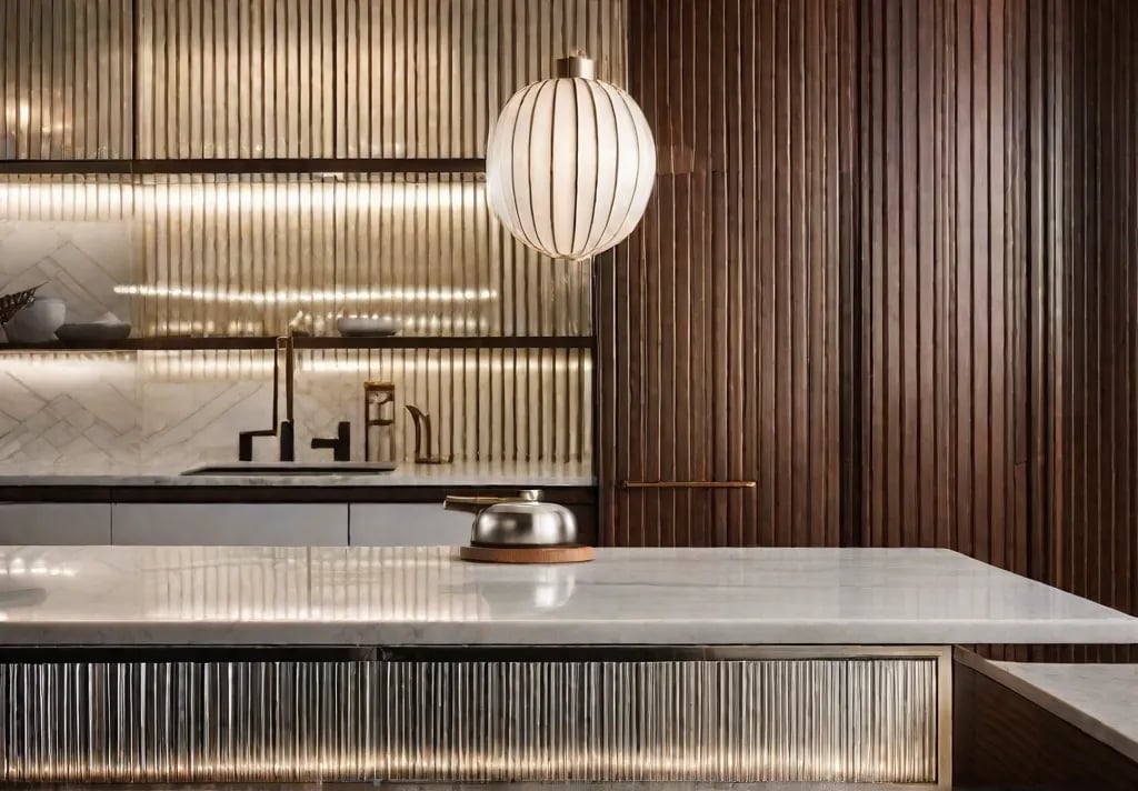 Closeup of polished glass rod sconces mounted under kitchen cabinets their soft