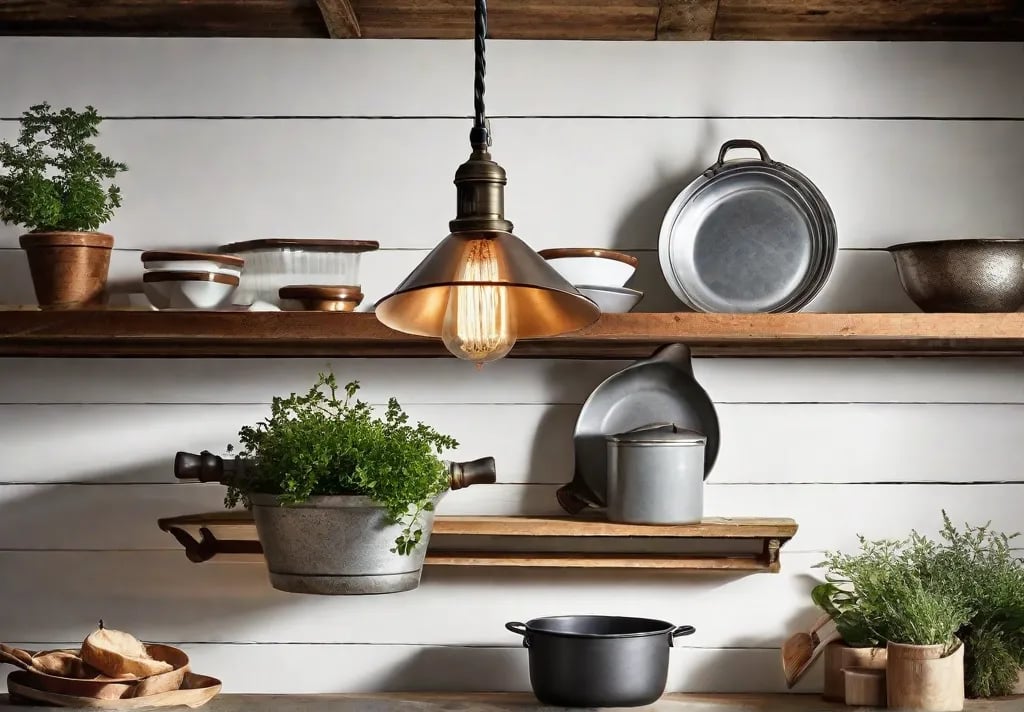 Closeup of weathered barn lights installed against a white shiplap wall casting