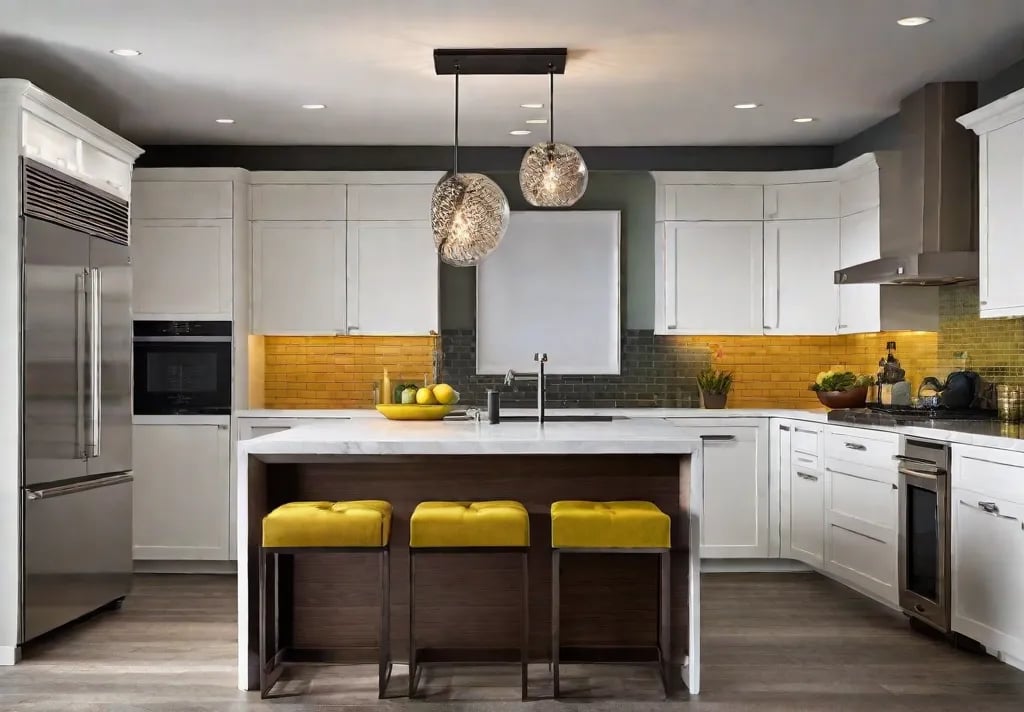 Contemporary flush mount fixtures in bold vibrant shades mounted on a kitchen