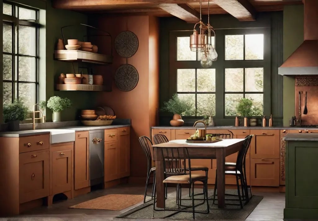 Cozy kitchen nook painted in warm earthy tones of terracotta and olive