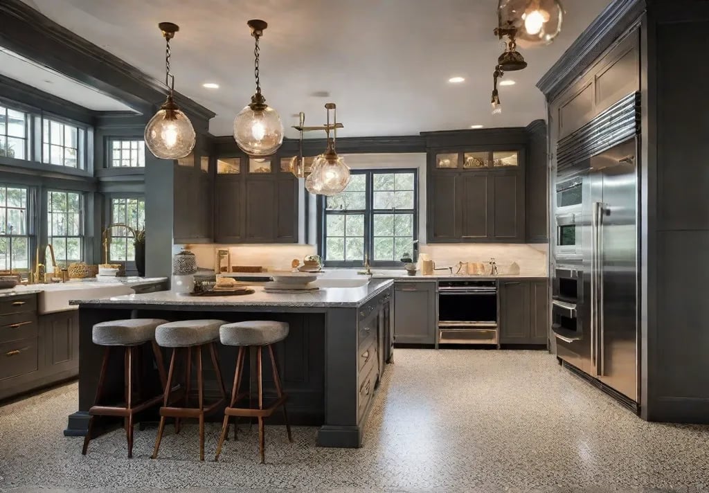 Create an image of adjustable track lighting positioned strategically along a kitchen