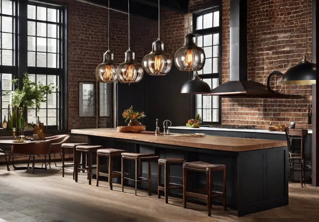 Demonstrate retro industrial pendant lights hanging low over a kitchen counter casting