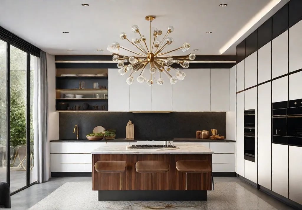 Depict a luxuriously spacious kitchen with a Sputnik chandelier as the focal