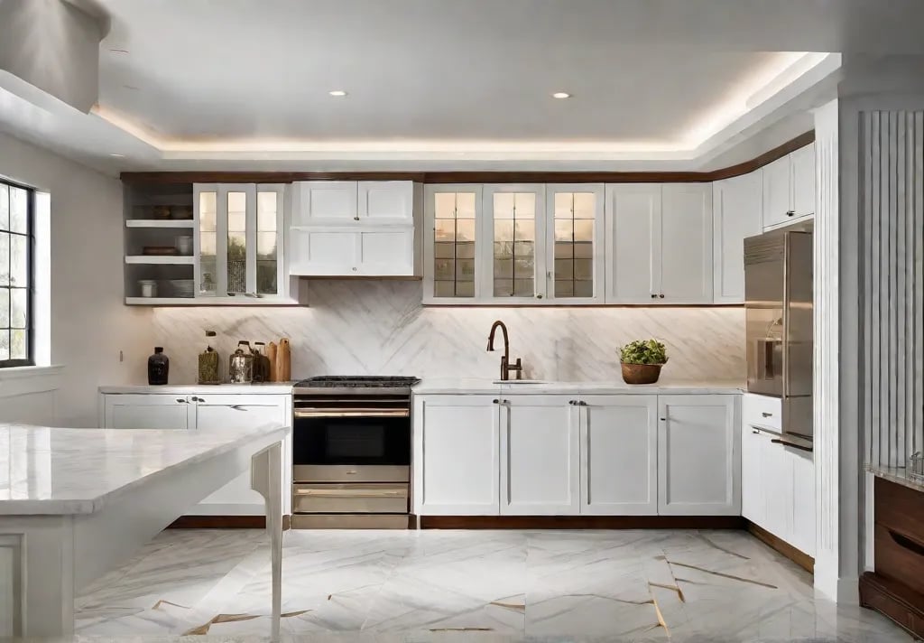 Depict flush mount lighting with intricate geometric patterns installed in a kitchen
