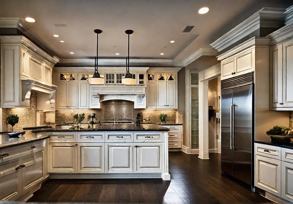 Dramatic uplighting fixtures installed above highgloss cabinetry in a luxurious kitchen their