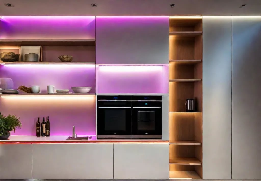 Dynamic LED strips installed under kitchen cabinets and shelving glowing with a