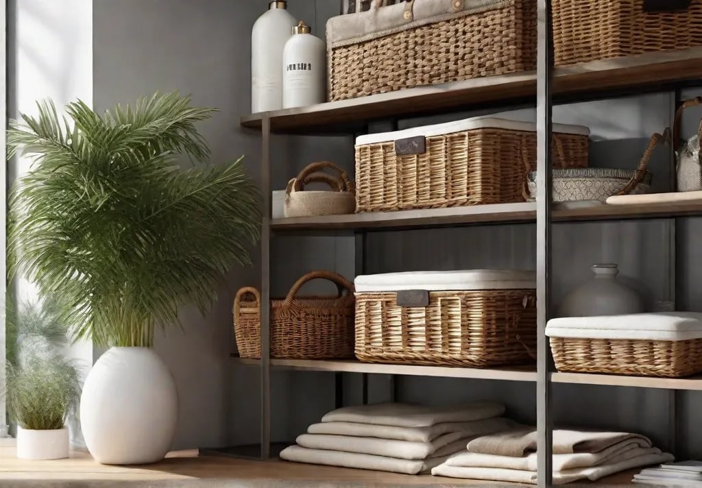 Elegant label tagged baskets on open shelving