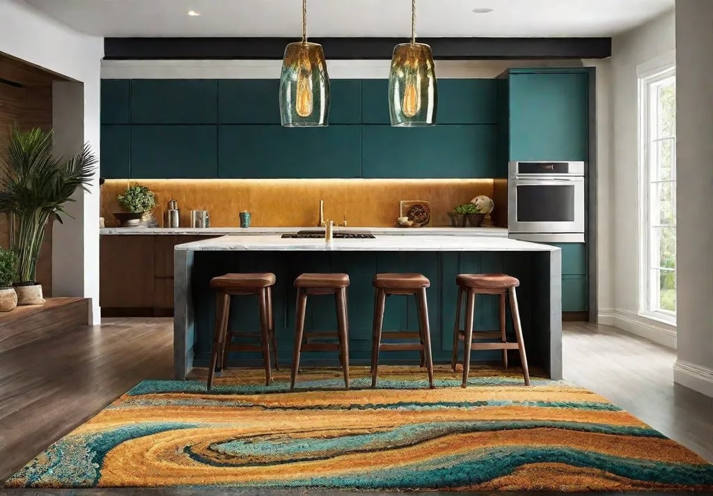 Envision a lively kitchen setting highlighted by art glass pendant lights in