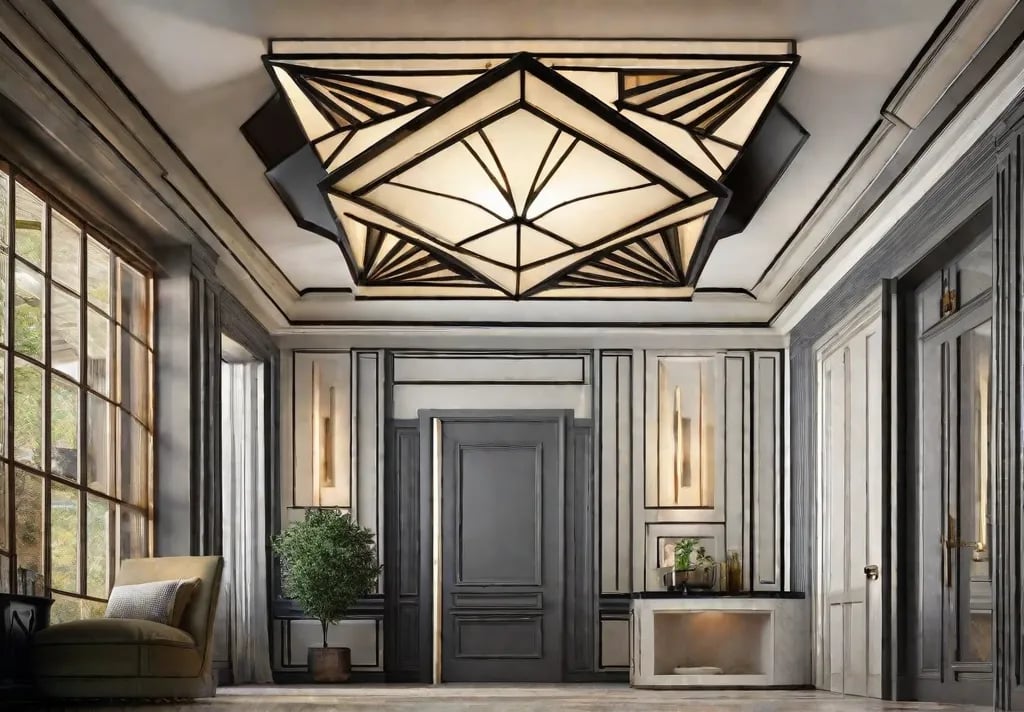 Flush mount fixtures with bold angular Art Deco designs installed in a