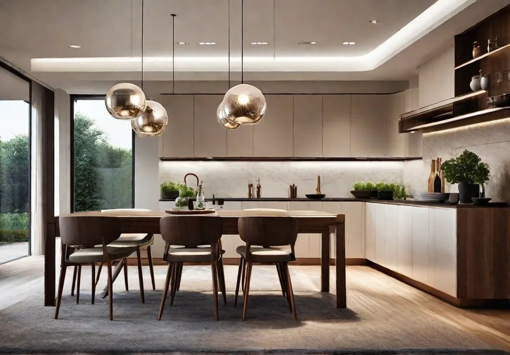 Illustrate a cozy kitchen scene with varying sizes of globe pendant lights