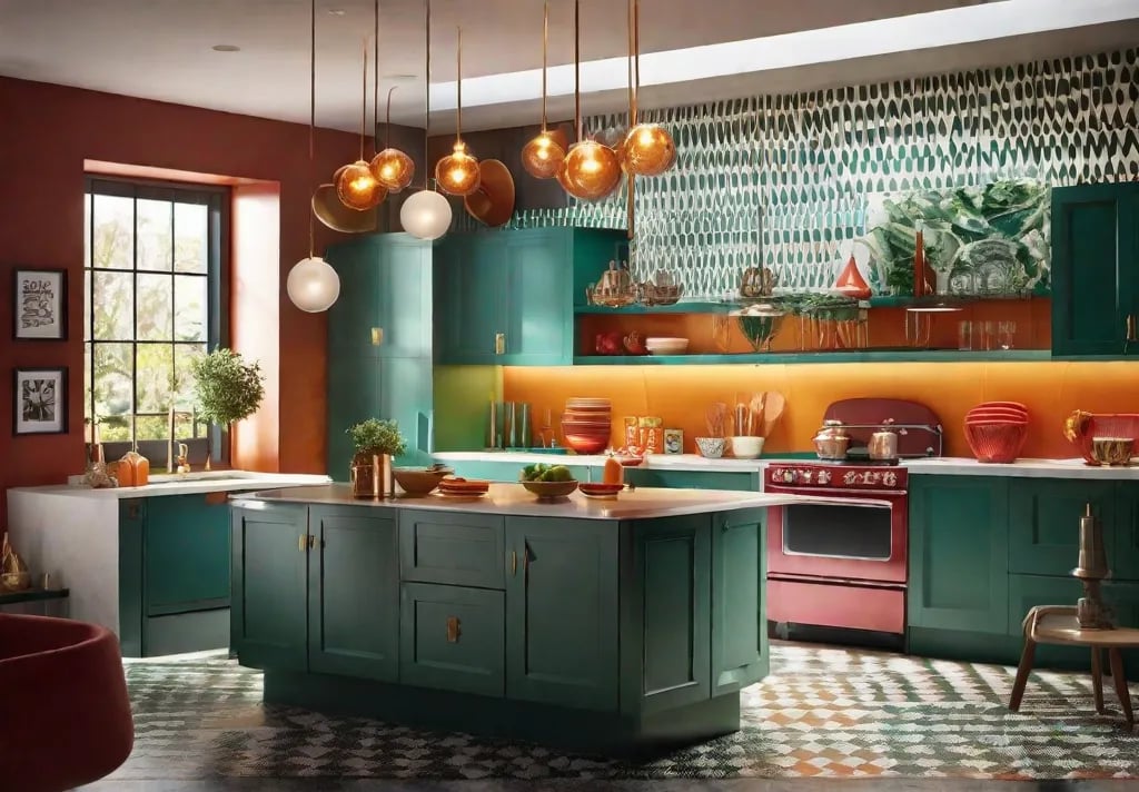 Illustrate an Atomic Ageinspired kitchen lighting setup featuring fixtures with bold angular