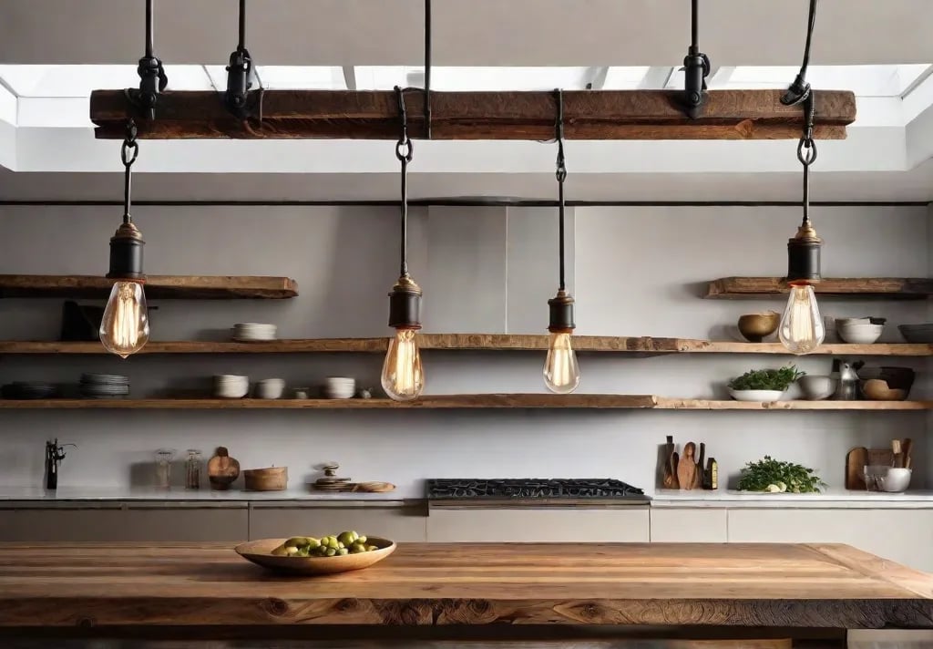 Long polished wooden beam fitted with simple wrought iron hooks and Edison