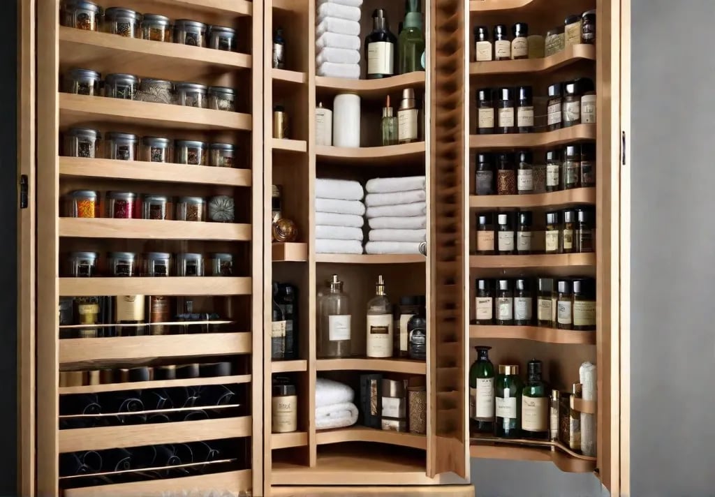 The inside of a bathroom cabinet door outfitted with slim spice racks now serving as the perfect spot for toiletry bottles