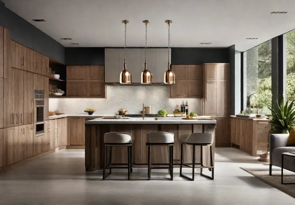 Various styles of pendant lights hanging at different lengths above a kitchen