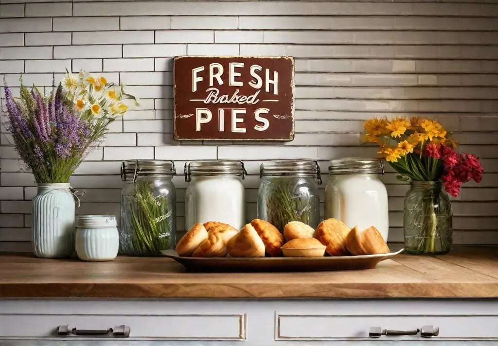 Vintage metal signage saying Fresh Baked Pies leaning against a white subwaytiled