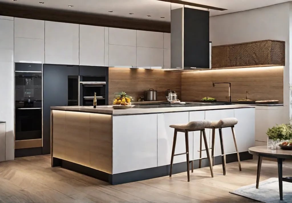 A kitchen fitted with a circular island focusing on the central cooking