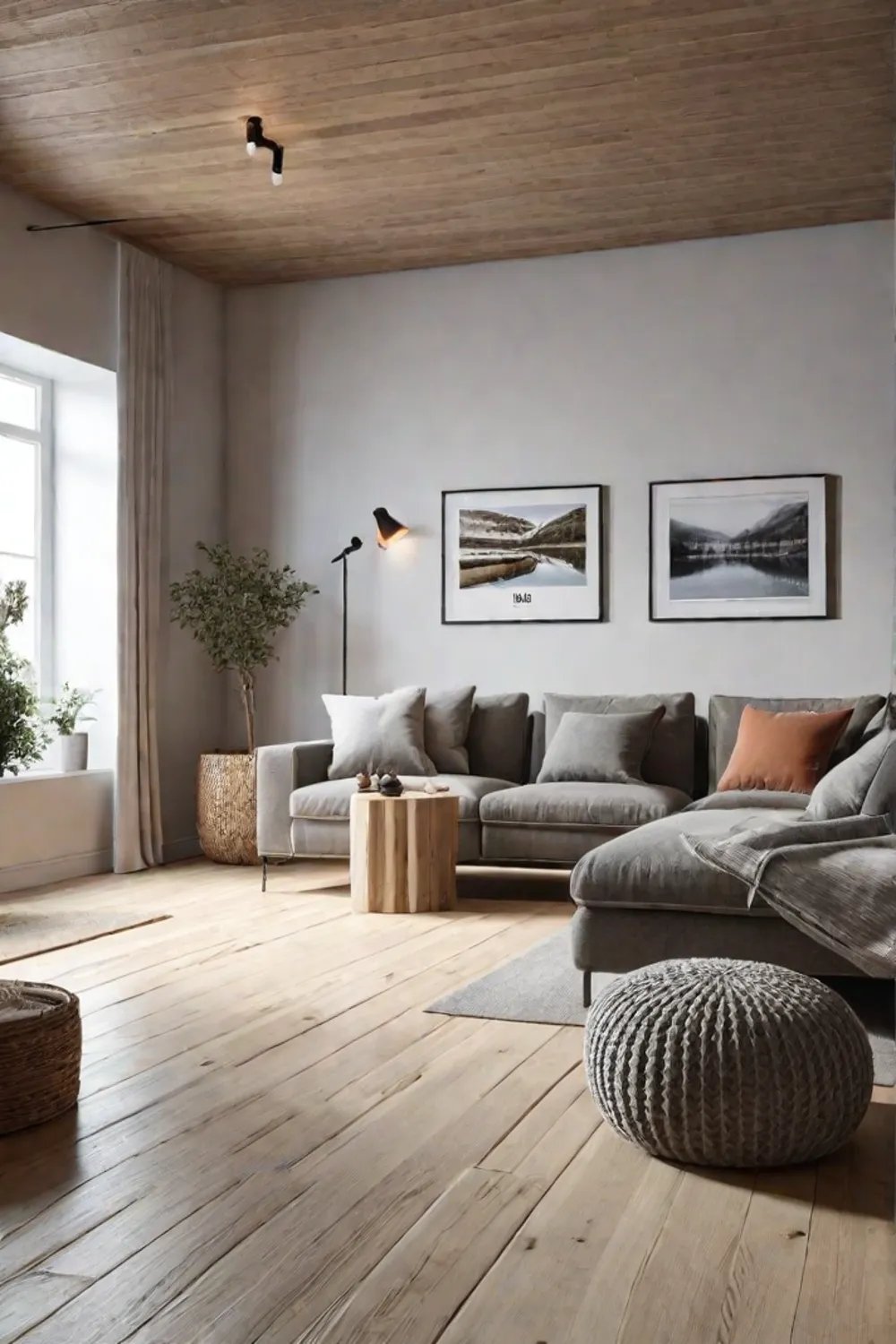 A Scandinavian living room featuring a wooden coffee table a neutraltoned sofa