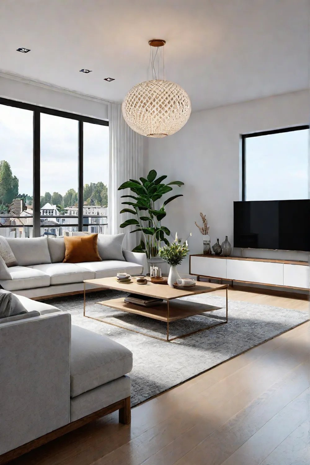 A Scandinavian living room with a cozy and welllit ambiance featuring a