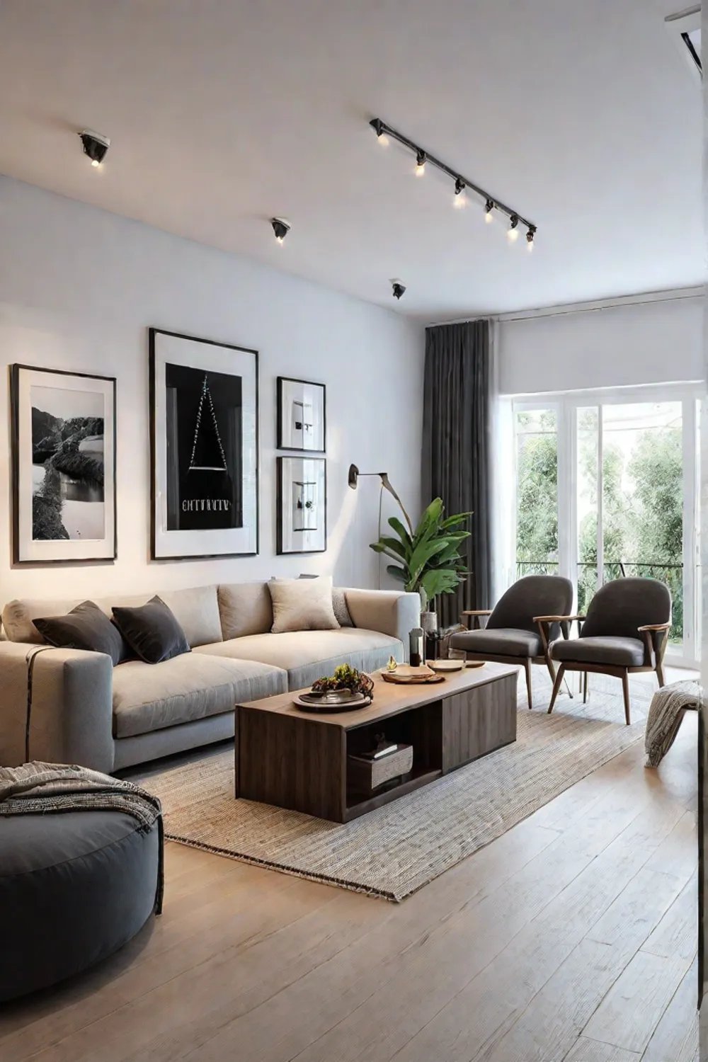 A Scandinavian living room with a mix of floor lamps table lamps