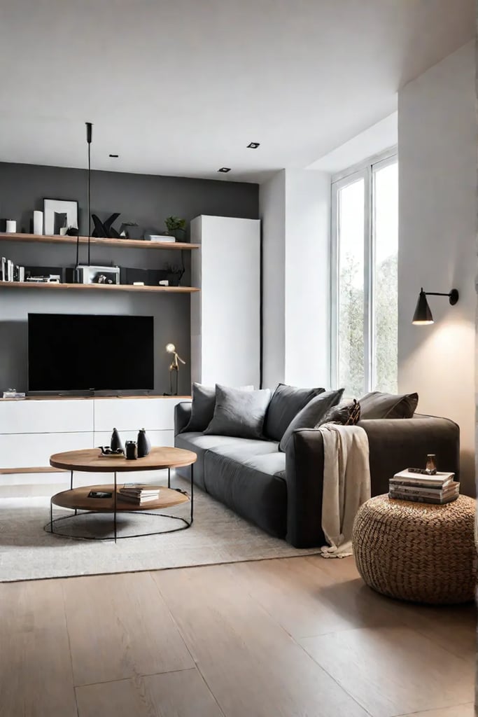 A Scandinavian living room with a sleek minimalist TV unit and hidden
