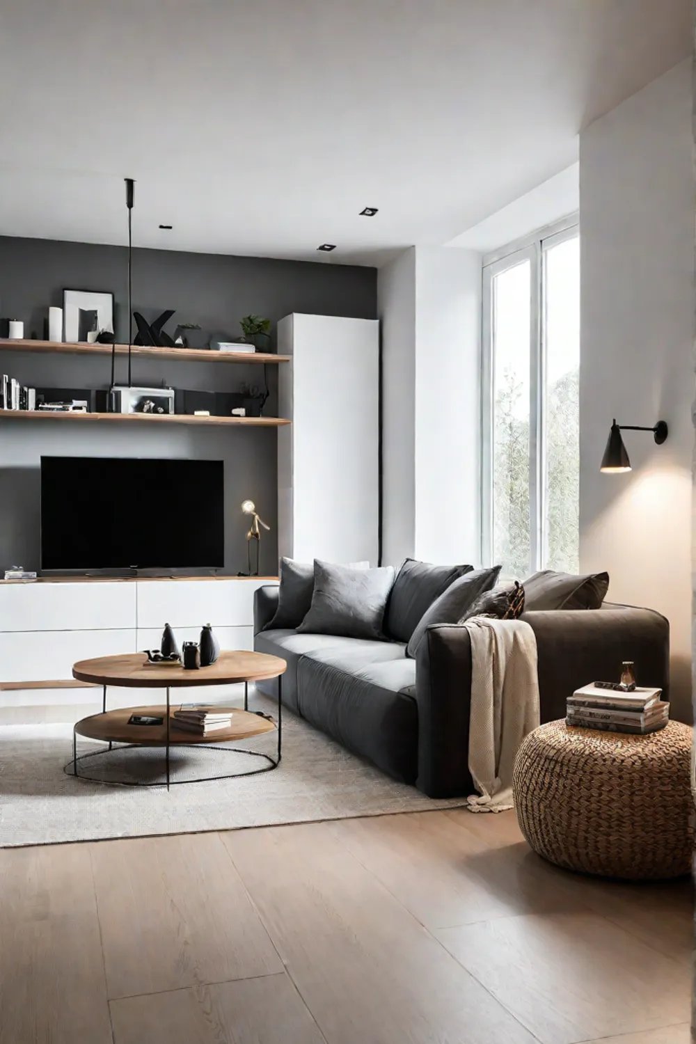 A Scandinavian living room with a sleek minimalist TV unit and hidden