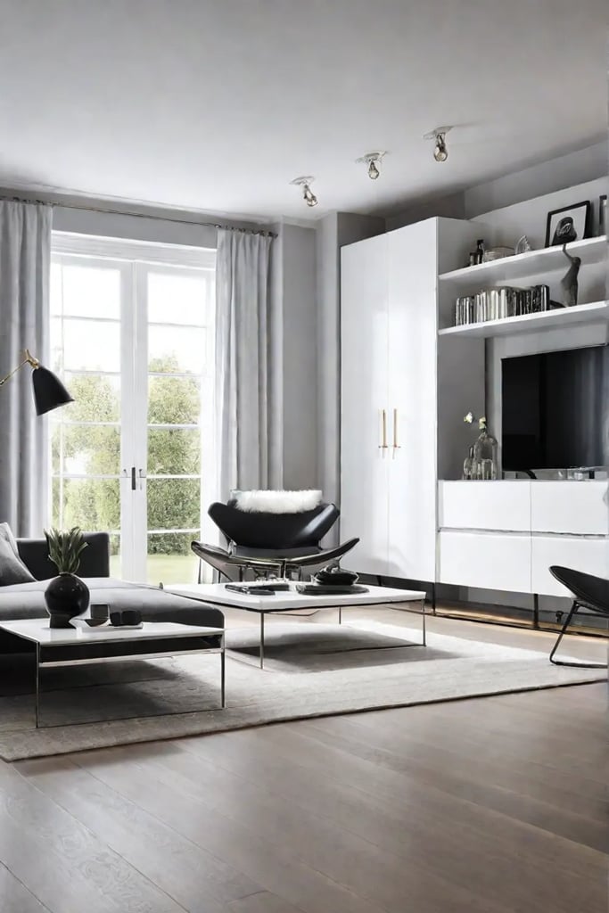 A Scandinavian living room with a sleek minimalist TV unit hidden storage