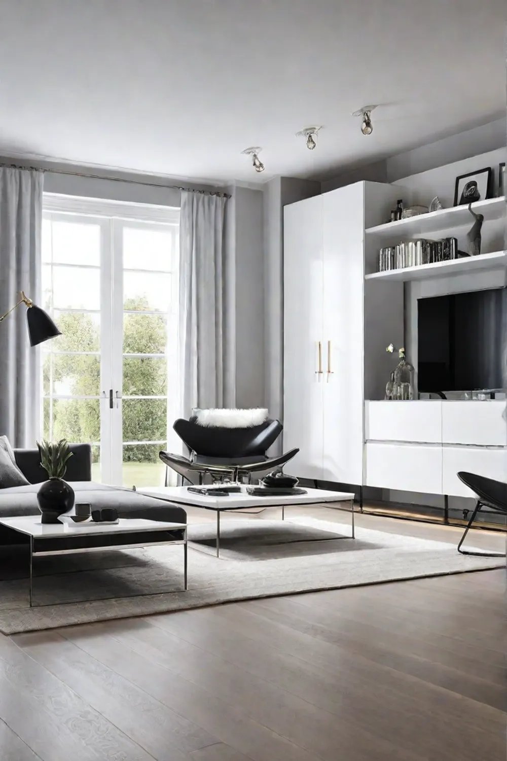 A Scandinavian living room with a sleek minimalist TV unit hidden storage