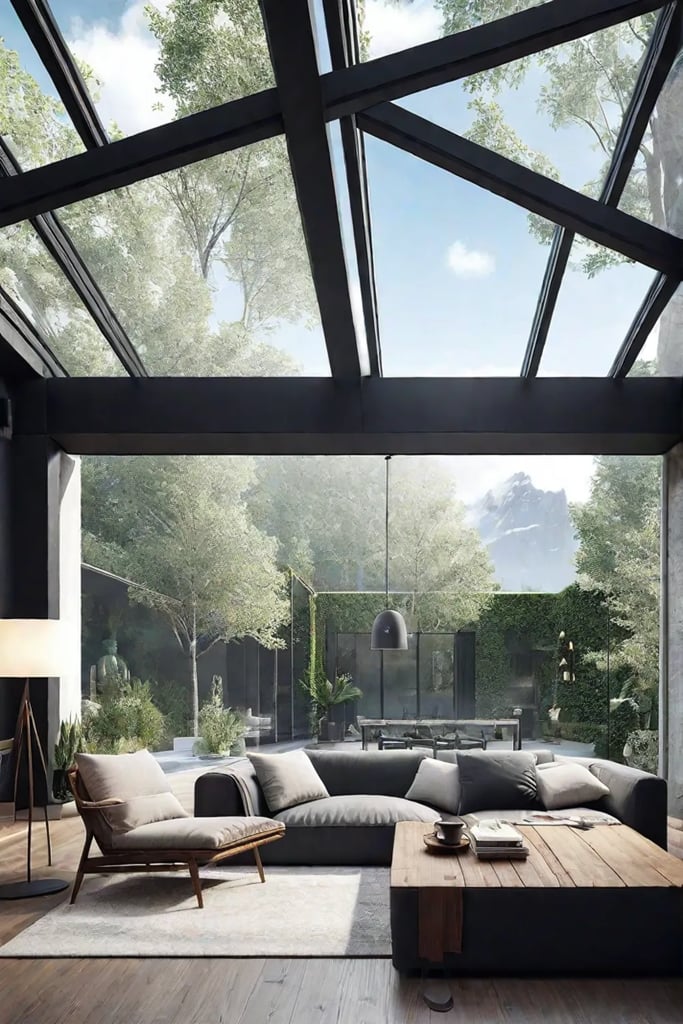 A Scandinavian living room with large windows overlooking a lush natural landscape