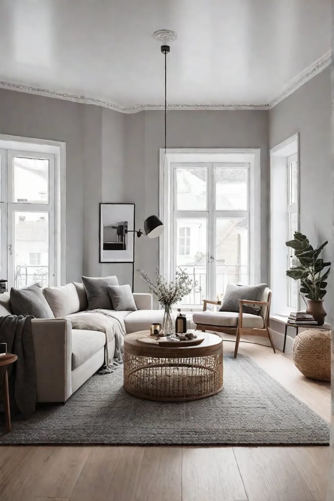 A Scandinavian living room with large windows that let in abundant natural