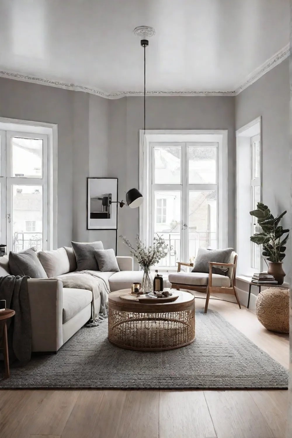 A Scandinavian living room with large windows that let in abundant natural