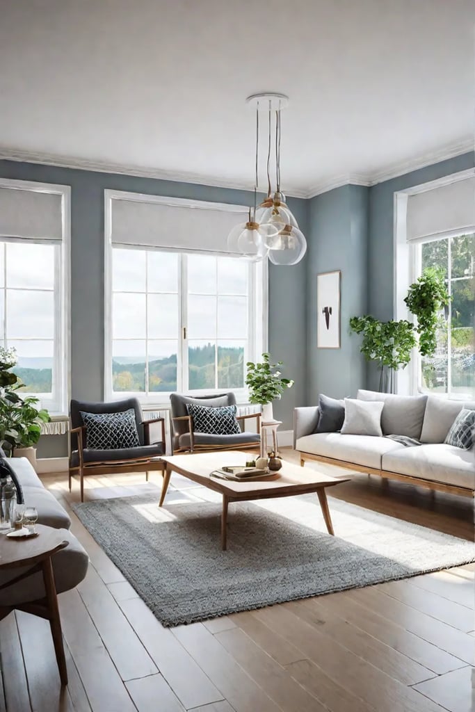 A Scandinavian living room with large windows white walls and natural elements