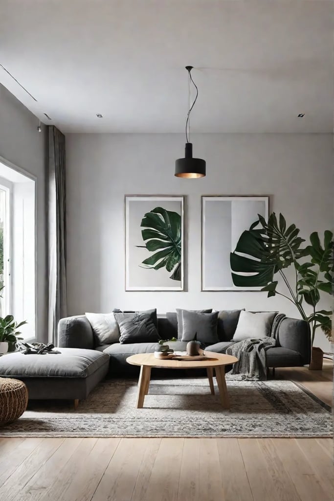 A Scandinavianinspired living room featuring a wooden coffee table a neutraltoned sofa