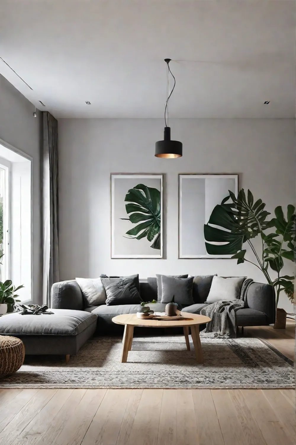 A Scandinavianinspired living room featuring a wooden coffee table a neutraltoned sofa
