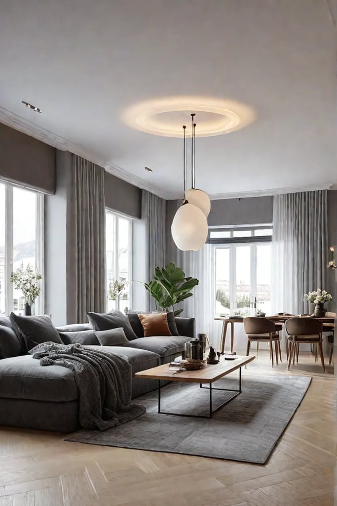 A Scandinavianinspired living room with a cozy fireplace a wooden coffee table